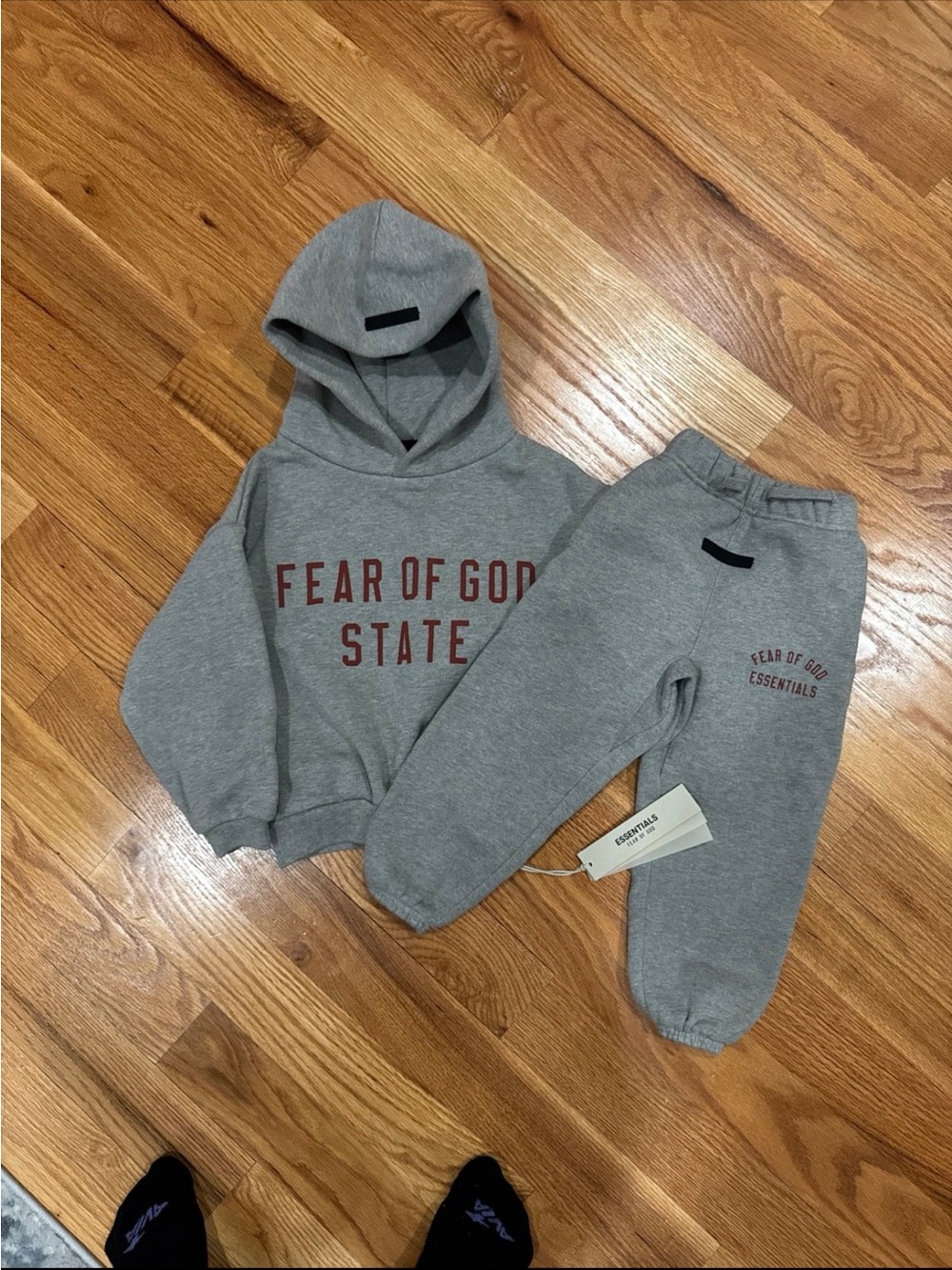 Fear of God Kids Gray Hoodie & Joggers Set with Maroon Logo